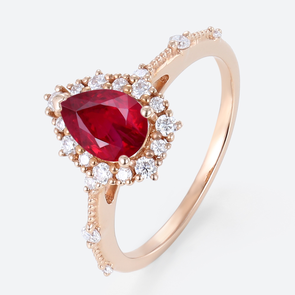 Rose Gold 1ct Halo Lab Ruby Ring Pear Cut Engagement Ring Beaded Bridal Ring