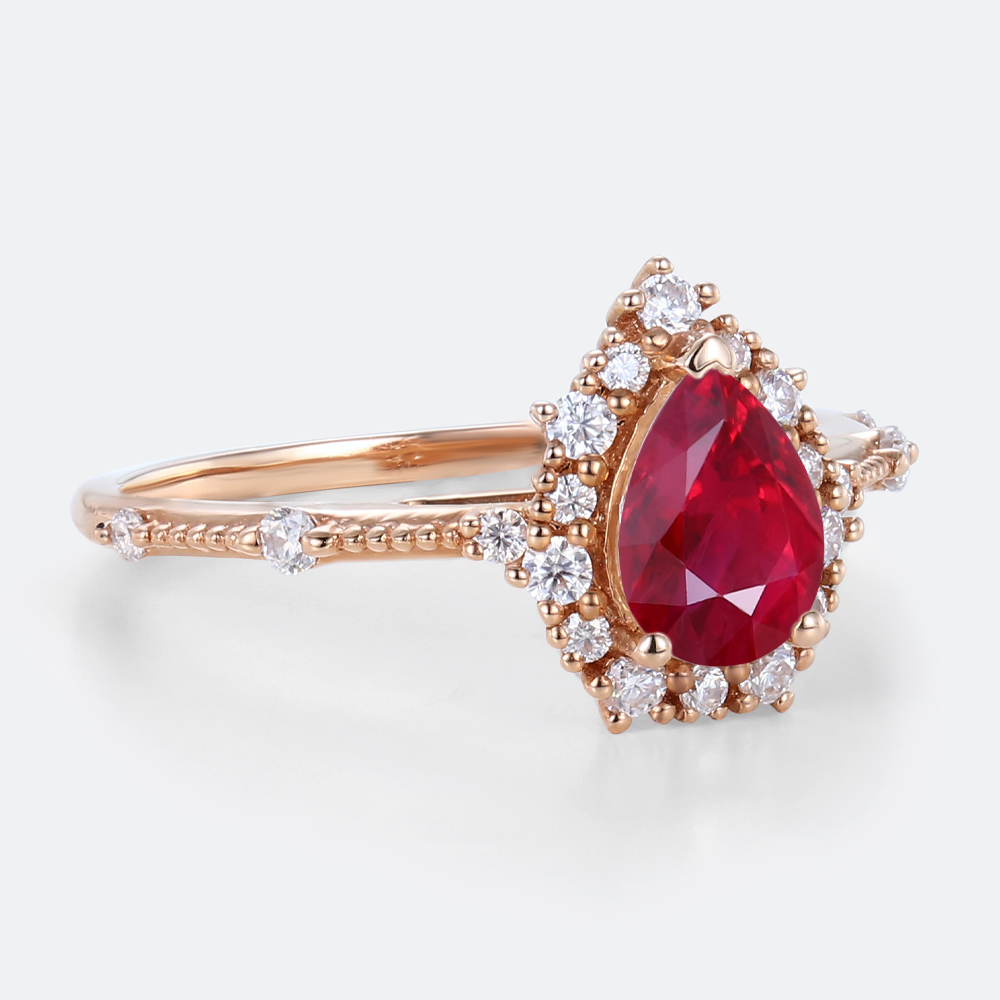 Rose Gold 1ct Halo Lab Ruby Ring Pear Cut Engagement Ring Beaded Bridal Ring
