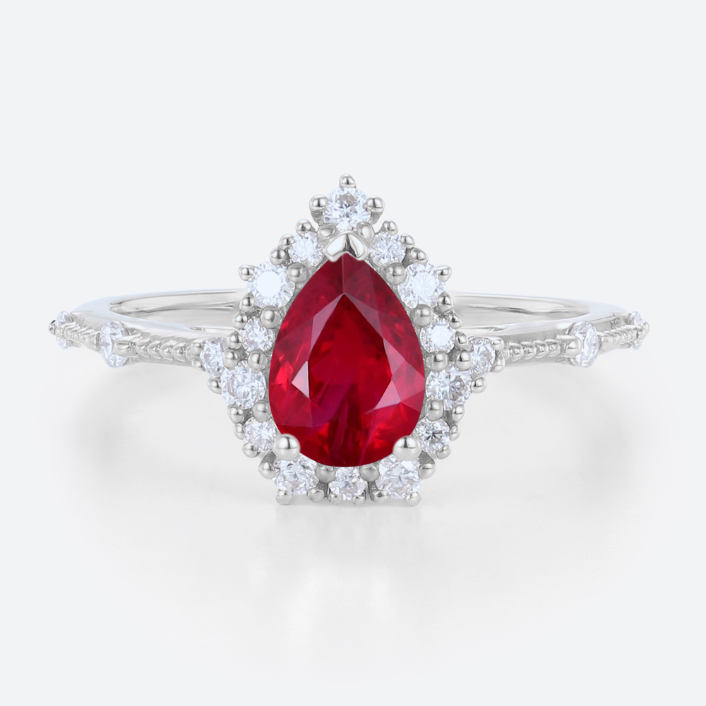 White Gold 1ct Halo Lab Ruby Ring Pear Cut Engagement Ring Beaded Bridal Ring