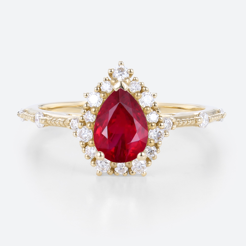 Yellow Gold 1ct Halo Lab Ruby Ring Pear Cut Engagement Ring Beaded Bridal Ring