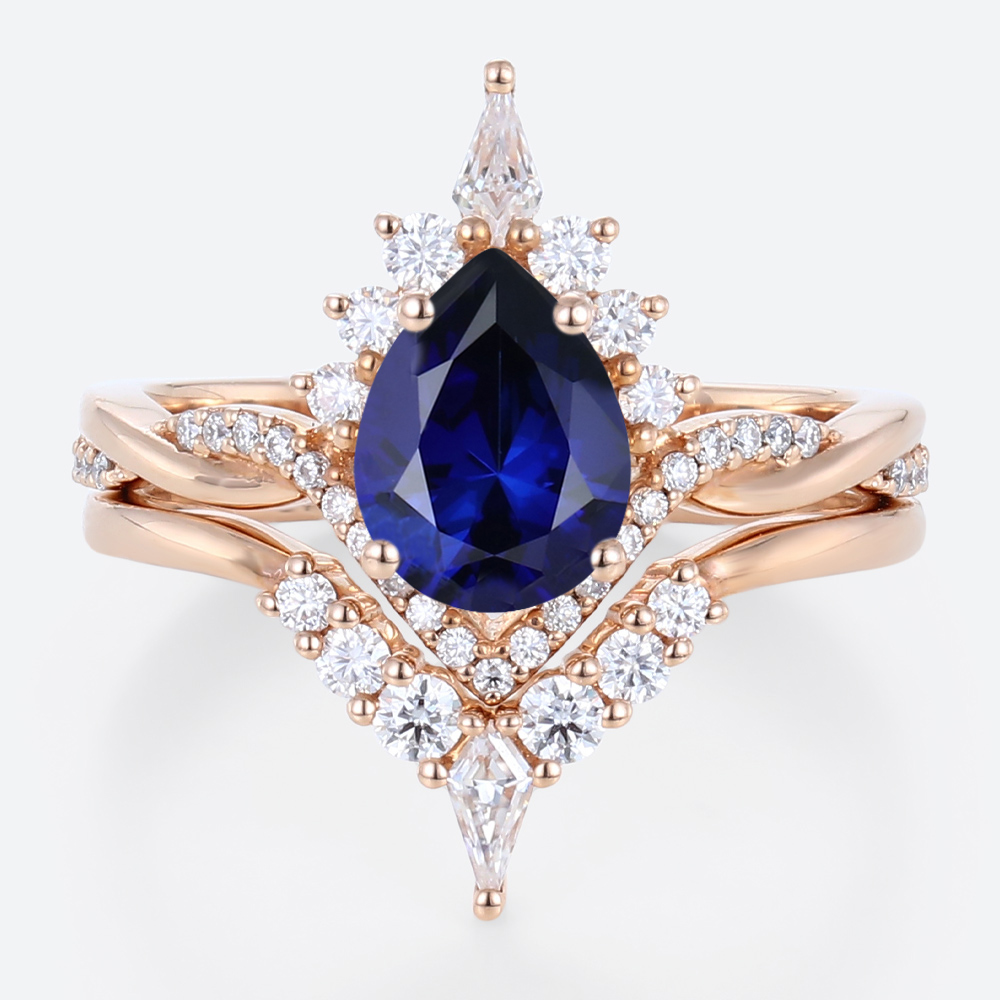 Lab Blue Sapphire Engagement Rings with Curved Diamond Wedding Band Set in Rose Gold