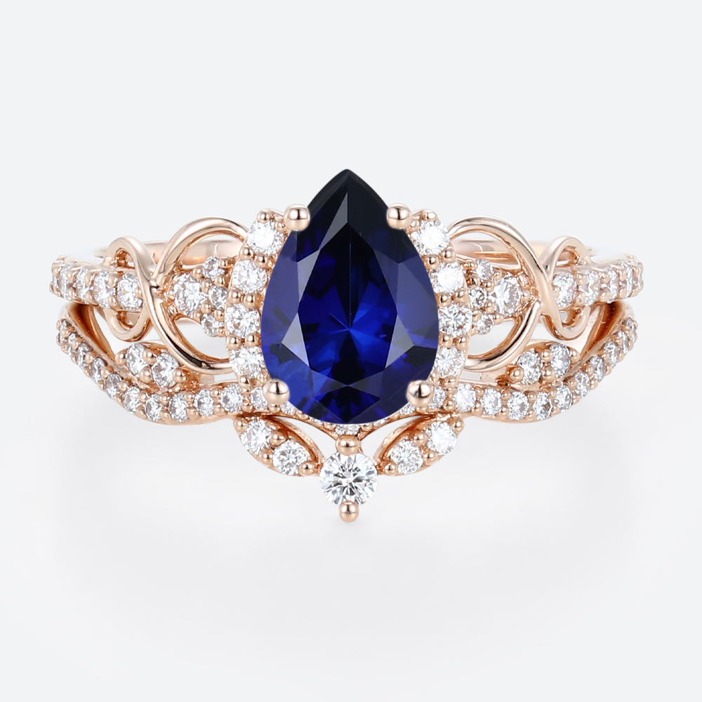Pear Cut Lab Grown Sapphire Ring Set Infinity Engagement Ring