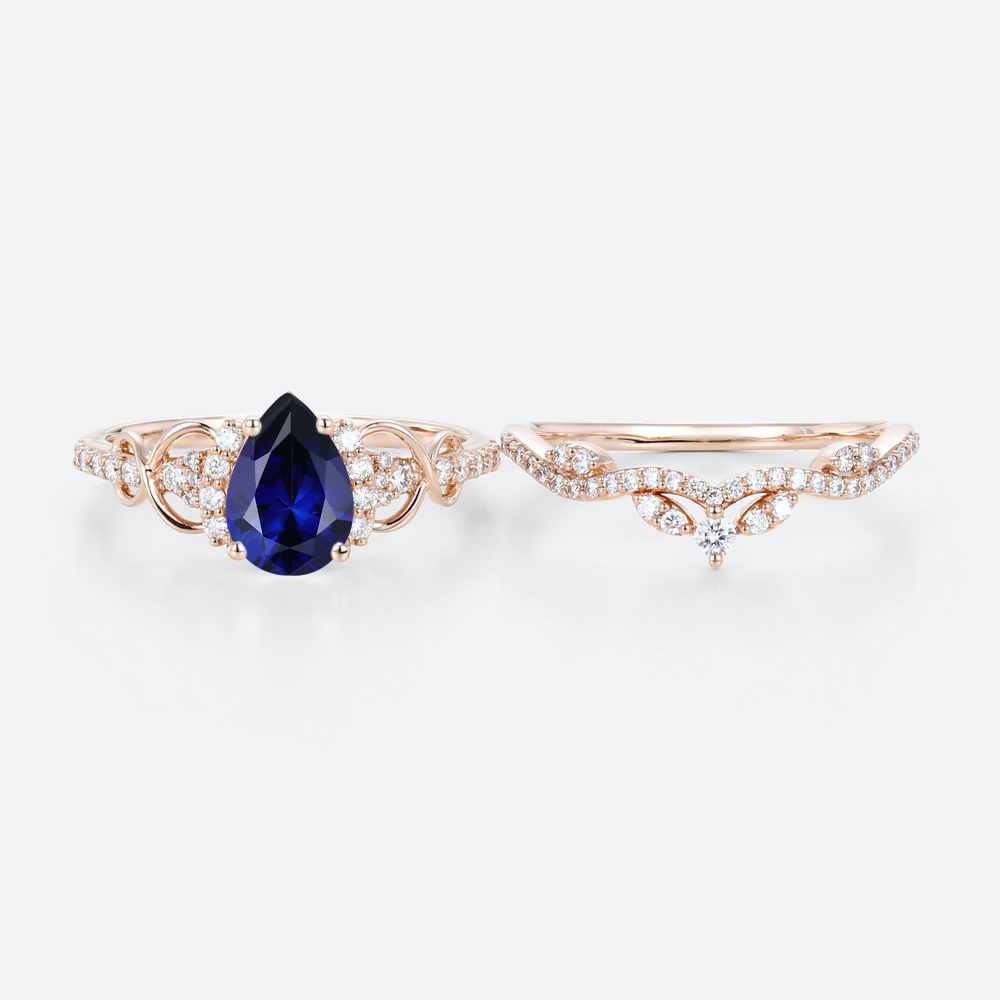 Pear Cut Lab Grown Sapphire Ring Set Pave Infinity Engagement Ring
