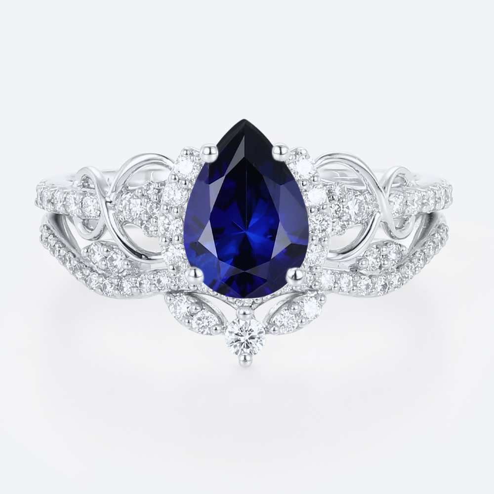 White Gold Pear Cut Lab Grown Sapphire Ring Set Pave Infinity Engagement Ring
