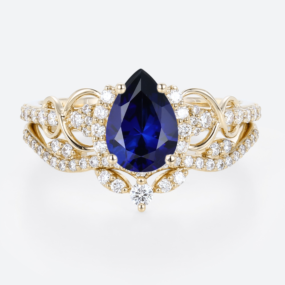 Yellow Pear Cut Lab Grown Sapphire Ring Set Pave Infinity Engagement Ring