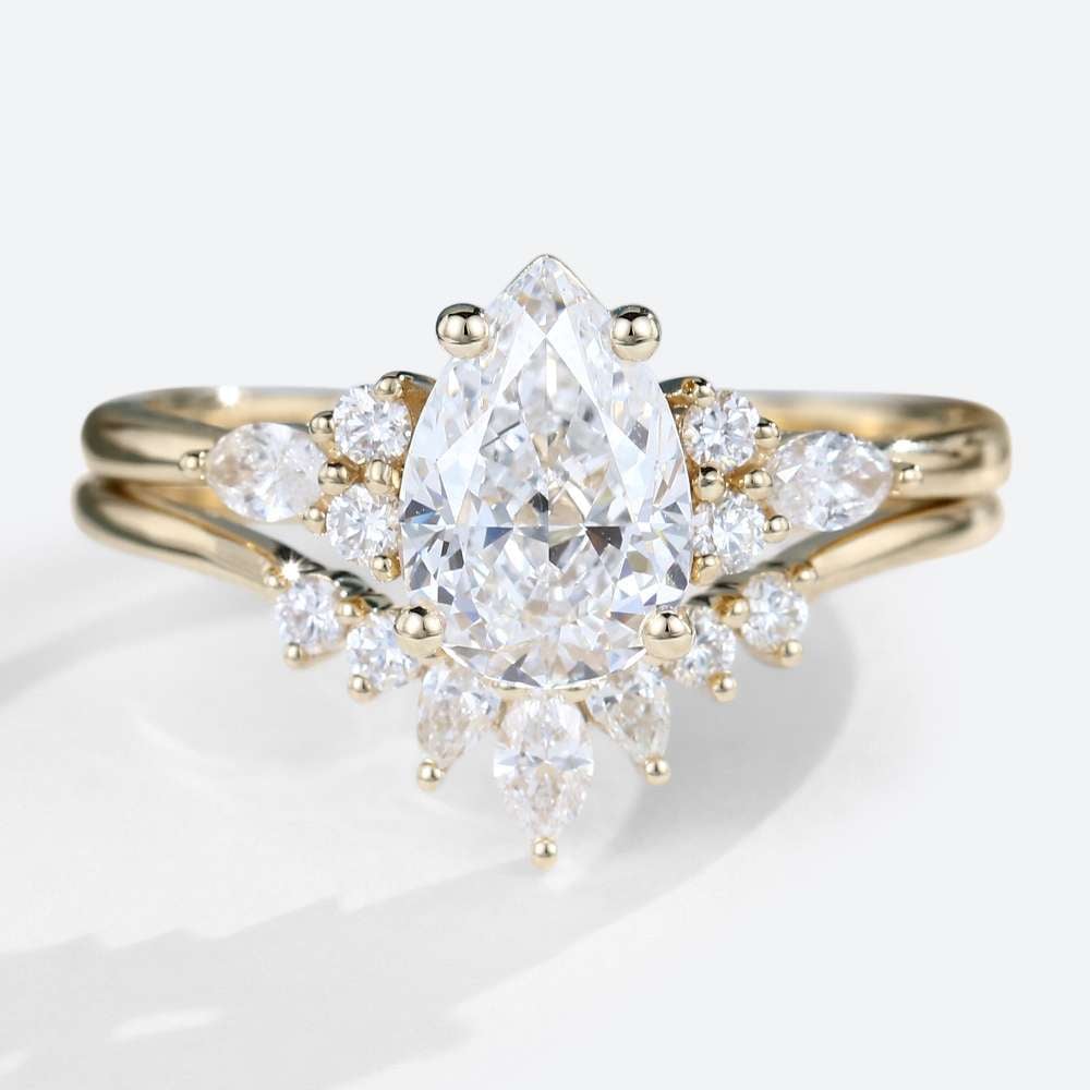 2ct Moissanite Ring Unique Pear Cut Engagement Gold Rings Sets