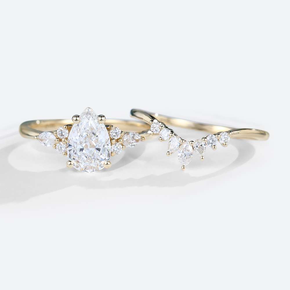 2ct Moissanite Ring Unique Pear Cut Engagement Gold Rings Sets in yellow gold
