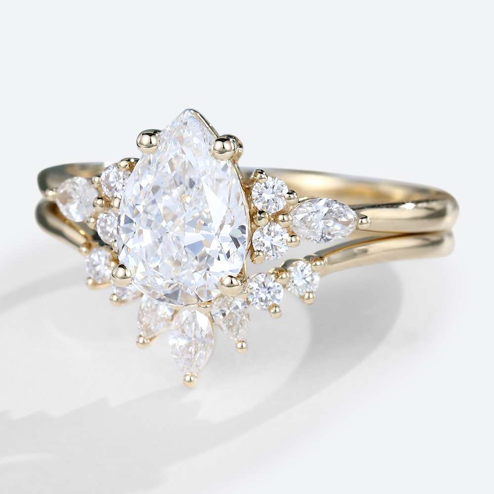 2ct Moissanite Ring Unique Pear Cut Engagement Gold Rings Sets in yellow gold