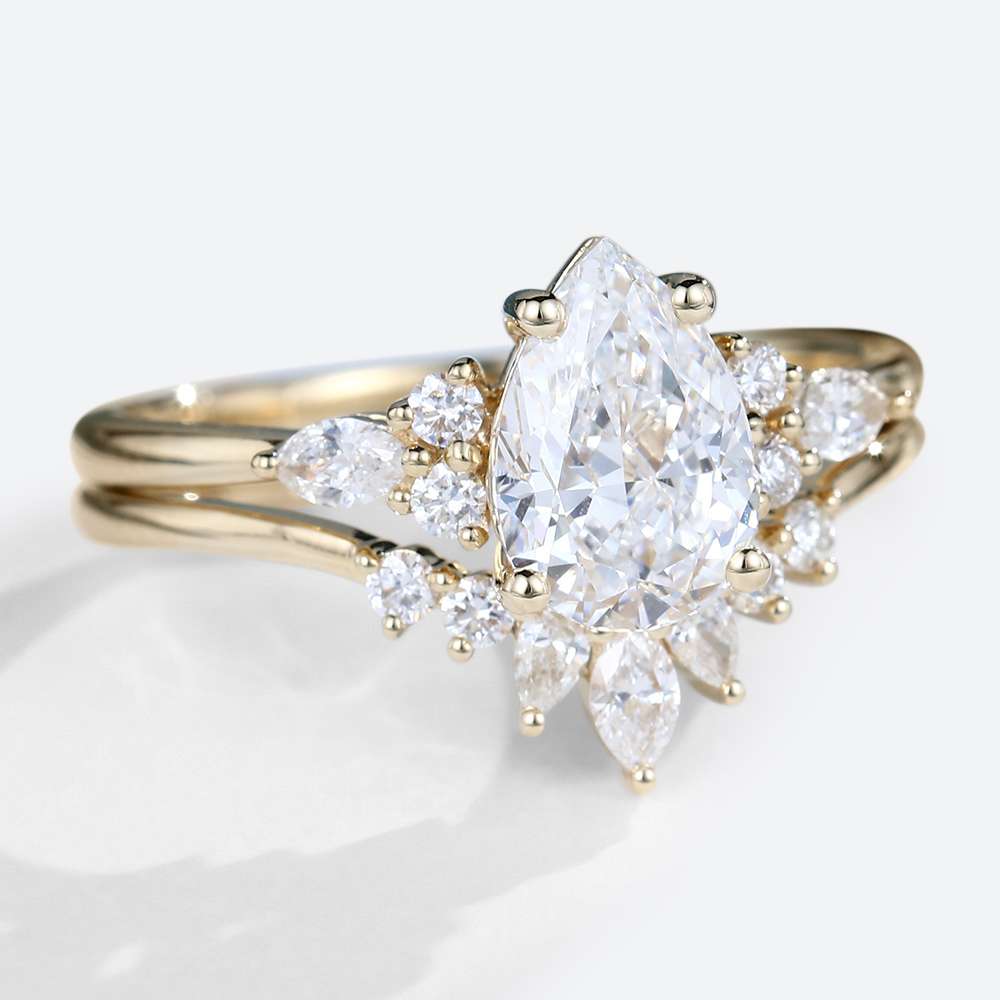 2ct Moissanite Ring Unique Pear Cut Engagement Gold Rings Sets in yellow gold