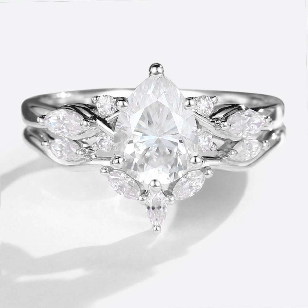 Pear Shaped Wedding Ring Set 1.2ct Moissanite Rings in white gold