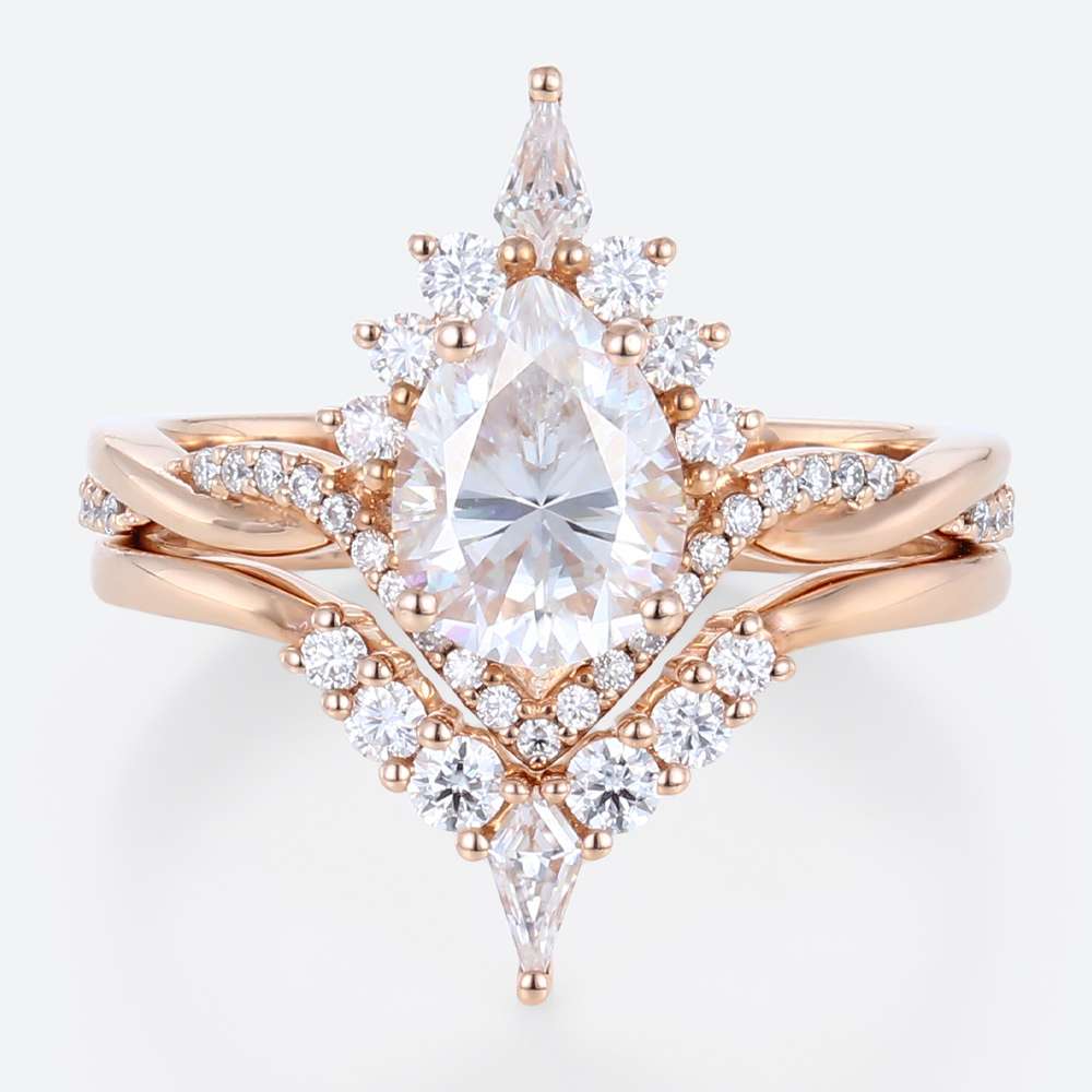 1 Carat Moissanite Pear Shaped Wedding Ring Sets Unique Rope Band in rose gold