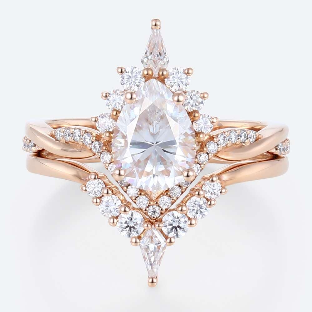 1 Carat Moissanite Pear Shaped Wedding Ring Sets Unique Rope Band in rose gold