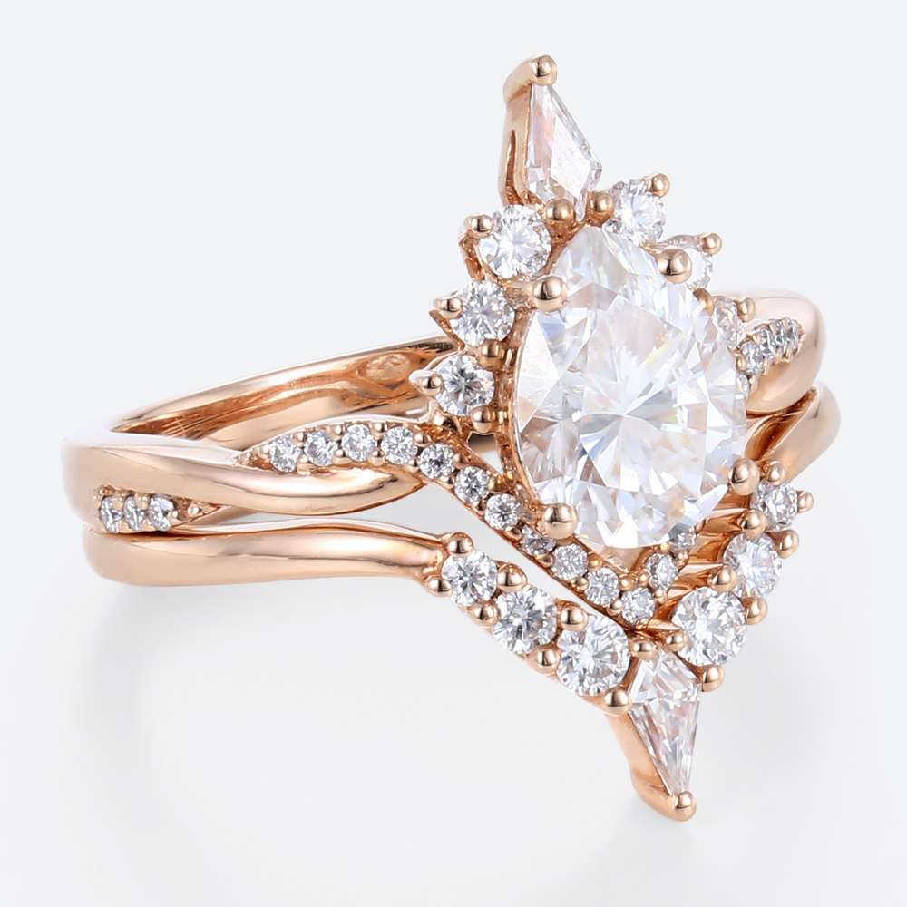 1 Carat Moissanite Pear Shaped Wedding Ring Sets Unique Rope Band in rose gold