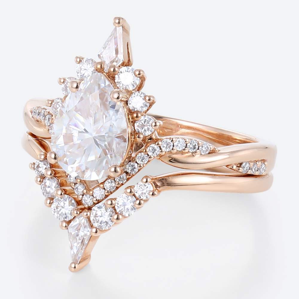 1 Carat Moissanite Pear Shaped Wedding Ring Sets Unique Rope Band in rose gold