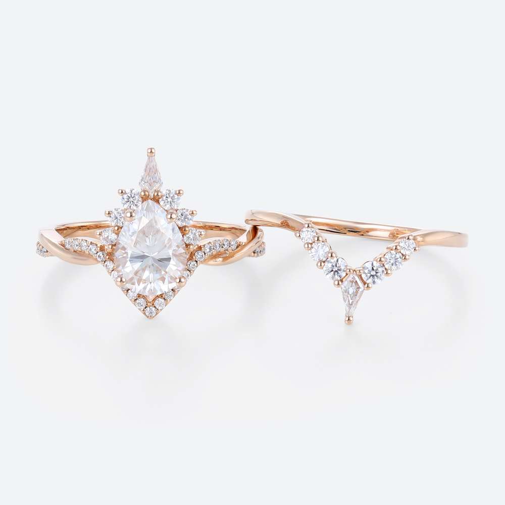 1 Carat Moissanite Pear Shaped Wedding Ring Sets Unique Rope Band in rose gold
