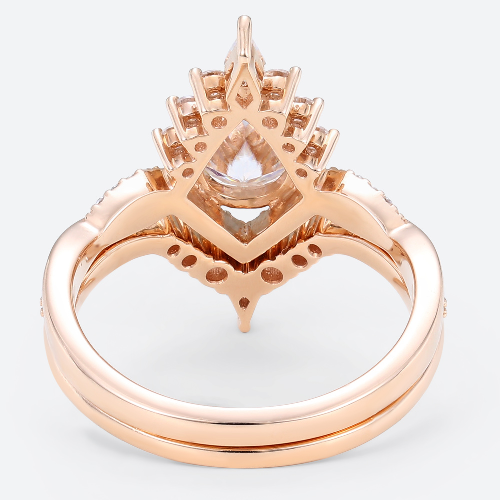 1 Carat Moissanite Pear Shaped Wedding Ring Sets Unique Rope Band in rose gold