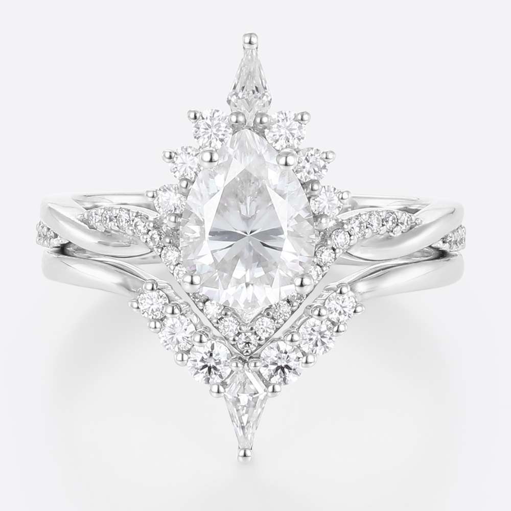 1 Carat Moissanite Pear Shaped Wedding Ring Sets Unique Rope Band in white gold