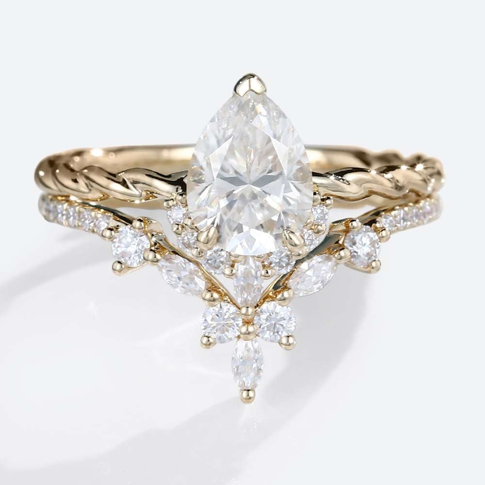 Moissanite Engagement Ring Set Twisted Gold Ring Moissanite Pear Ring