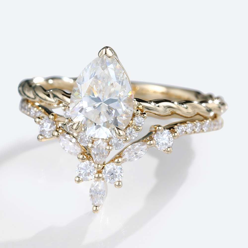 Moissanite Engagement Ring Set Twisted Gold Ring Moissanite Pear Ring