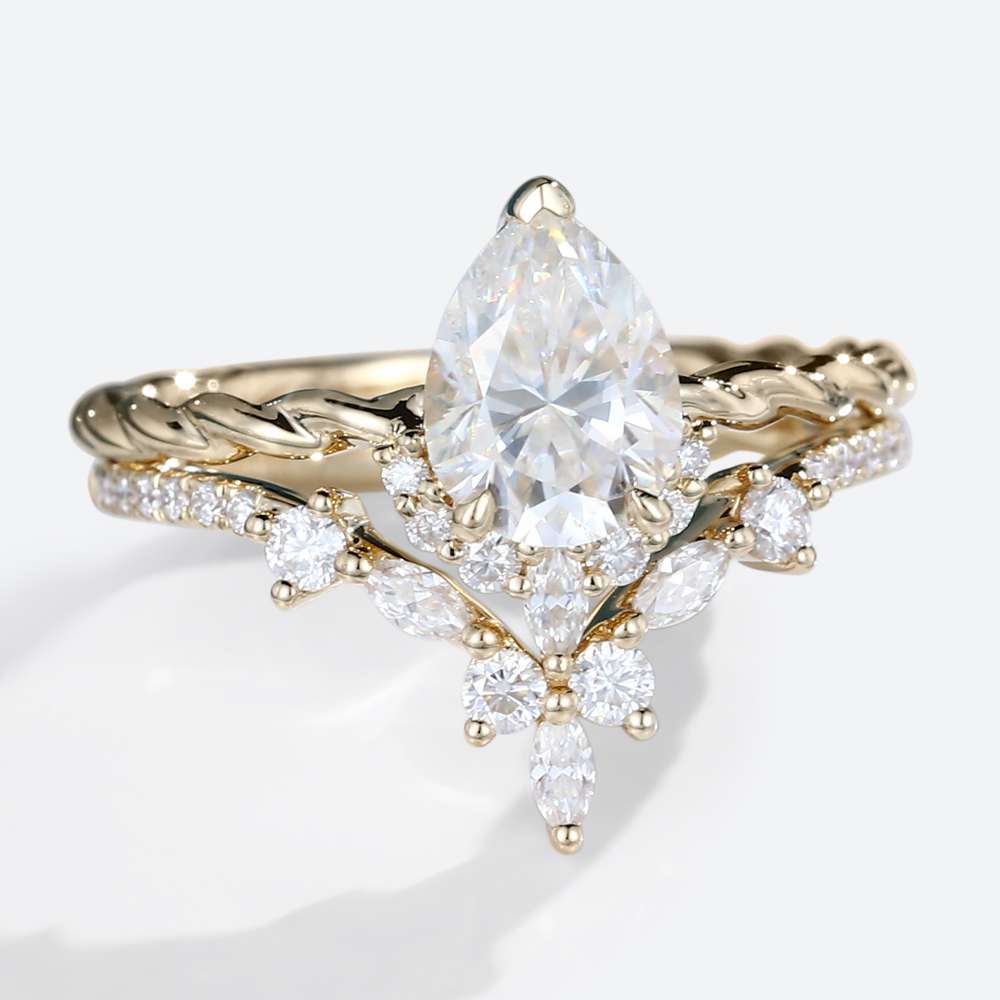 Moissanite Engagement Ring Set Twisted Gold Ring Moissanite Pear Ring
