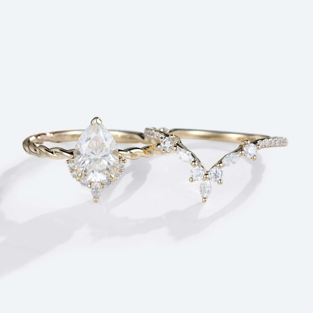 Moissanite Engagement Ring Set Twisted Gold Ring Moissanite Pear Ring