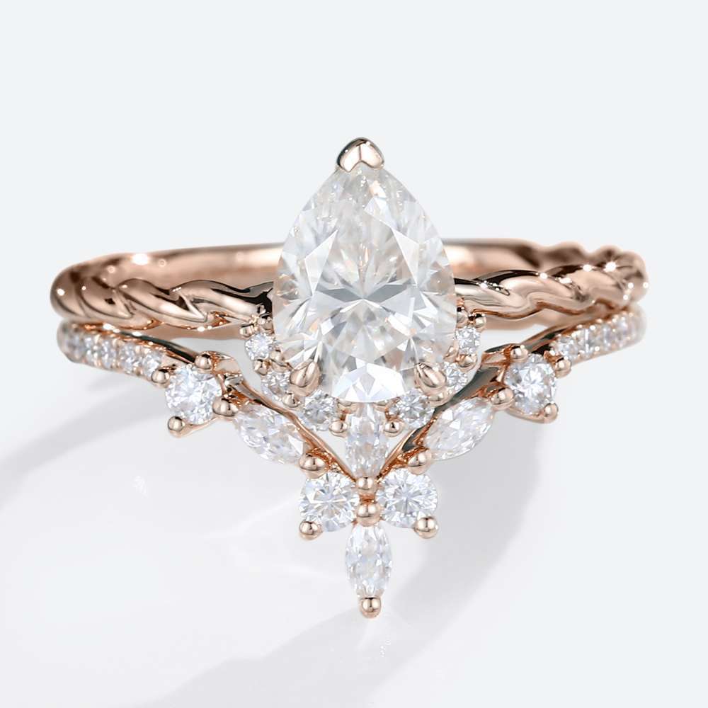 Moissanite Engagement Ring Set Twisted Gold Ring Moissanite Pear Ring
