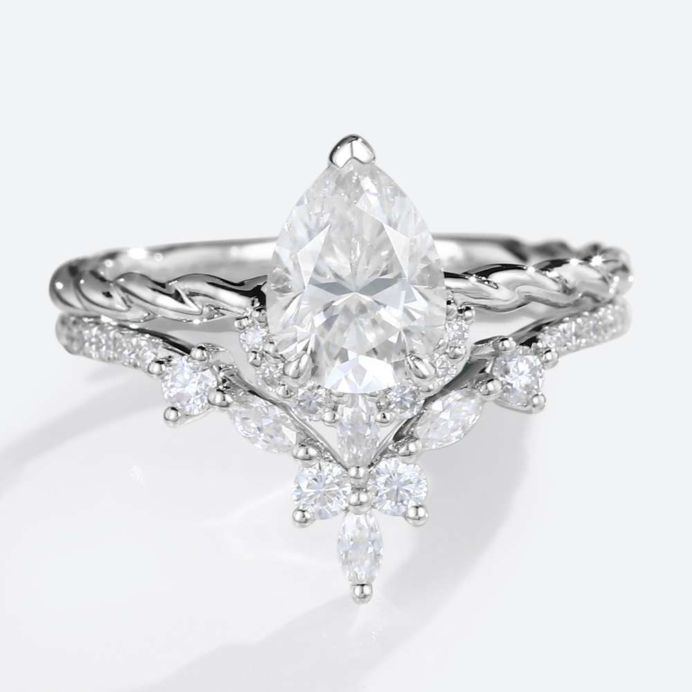 Moissanite Engagement Ring Set Twisted Gold Ring Moissanite Pear Ring