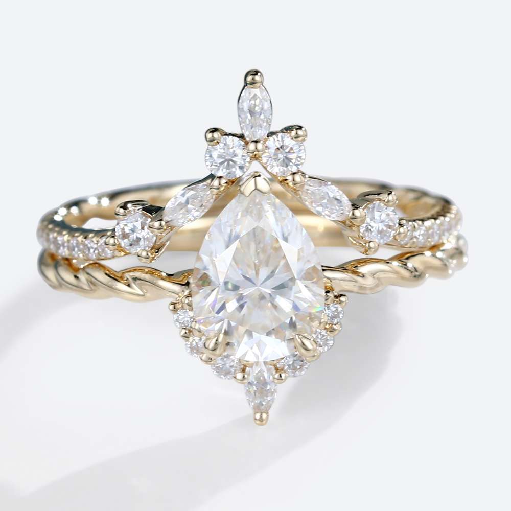Moissanite Engagement Ring Set Twisted Gold Ring Moissanite Pear Ring