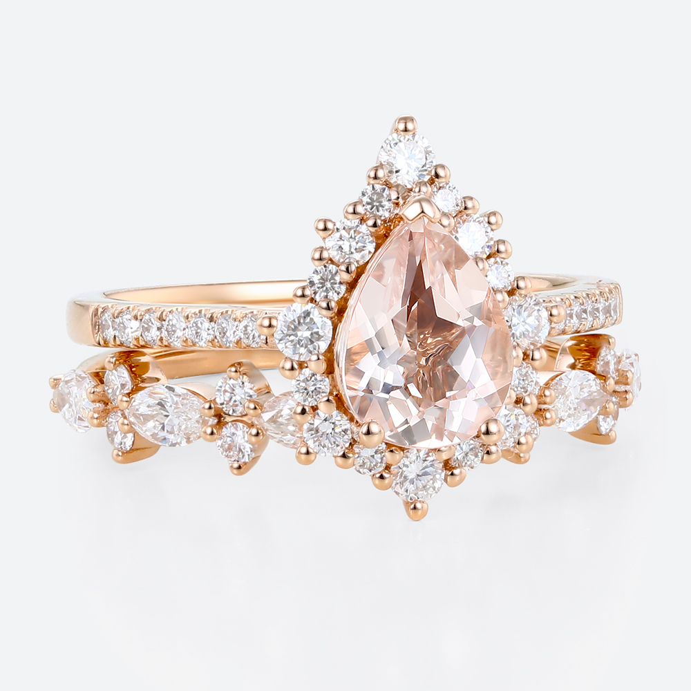 1ct Pear Morganite Halo Bridal Ring Set with Straight Wedding Ring in Rose Gold