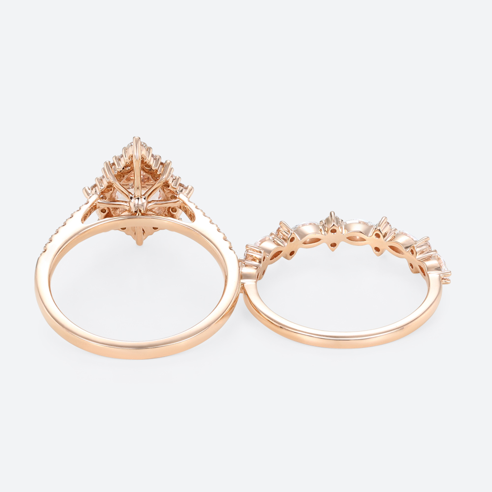 1ct Pear Morganite Halo Bridal Ring Set with Straight Wedding Ring in Rose Gold