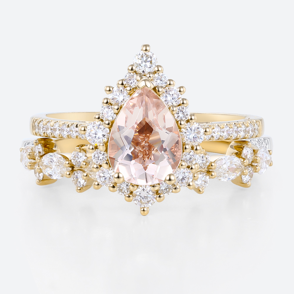1ct Pear Morganite Halo Bridal Ring Set with Straight Wedding Ring in Yellow Gold