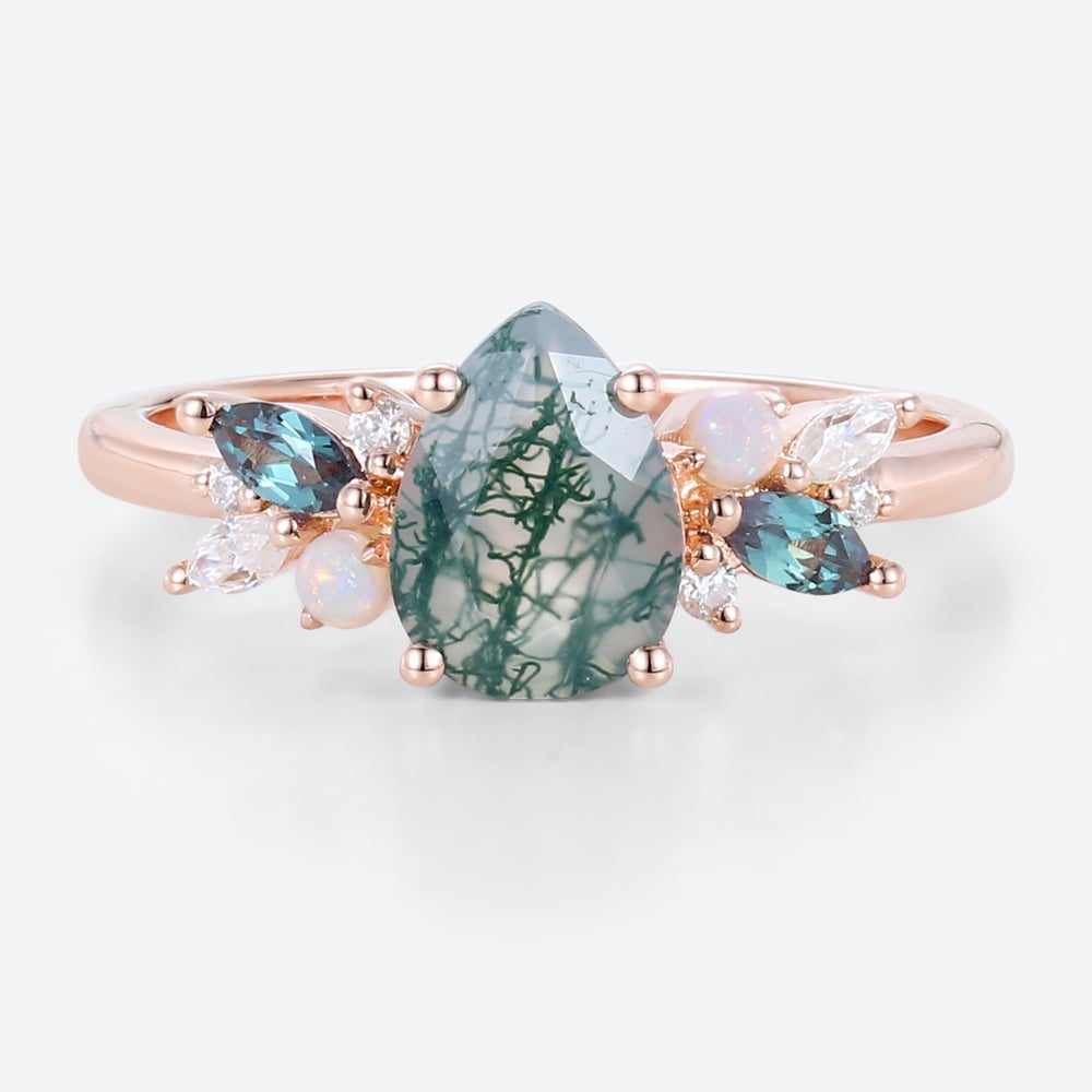 Moss Agate Stone Pear Engagement Ring Rose Gold Stackable Rings