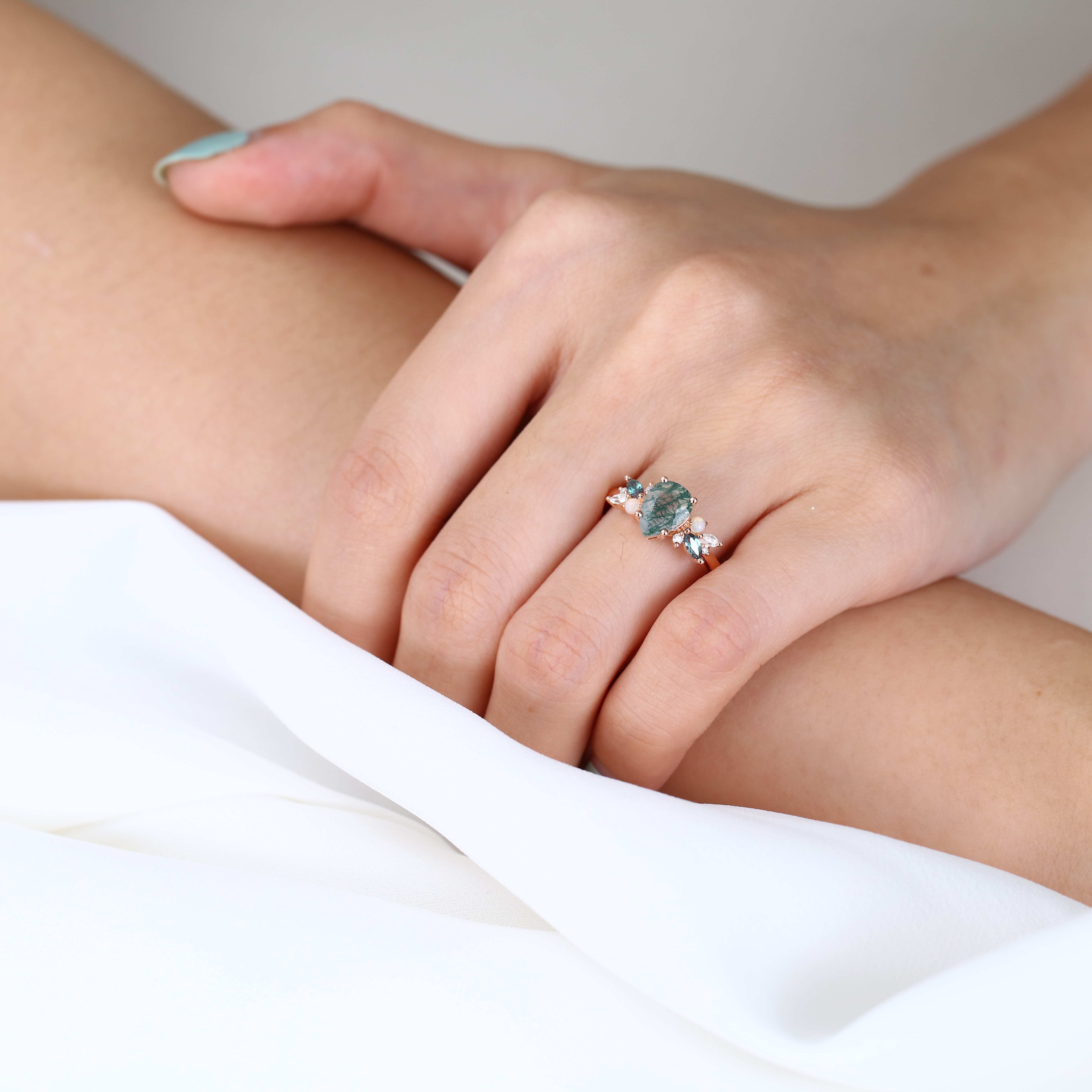 Moss Agate Stone Pear Engagement Ring Rose Gold Stackable Rings