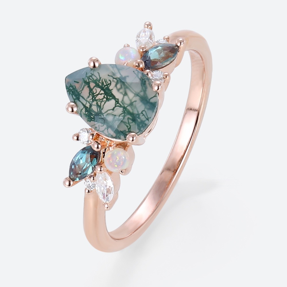 Moss Agate Stone Pear Engagement Ring Rose Gold Stackable Rings