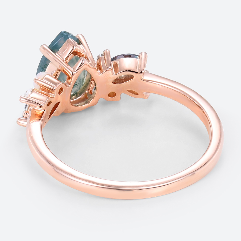 Moss Agate Stone Pear Engagement Ring Rose Gold Stackable Rings