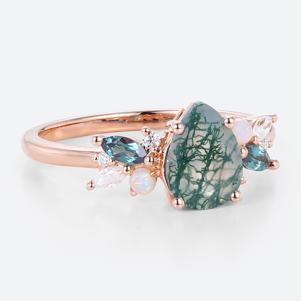 Moss Agate Stone Pear Engagement Ring Rose Gold Stackable Rings
