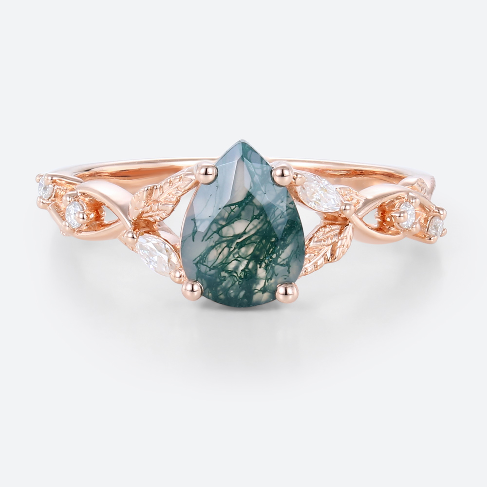 Pear Shaped Moss Agate Ring Floral Elegance Engagement Ring