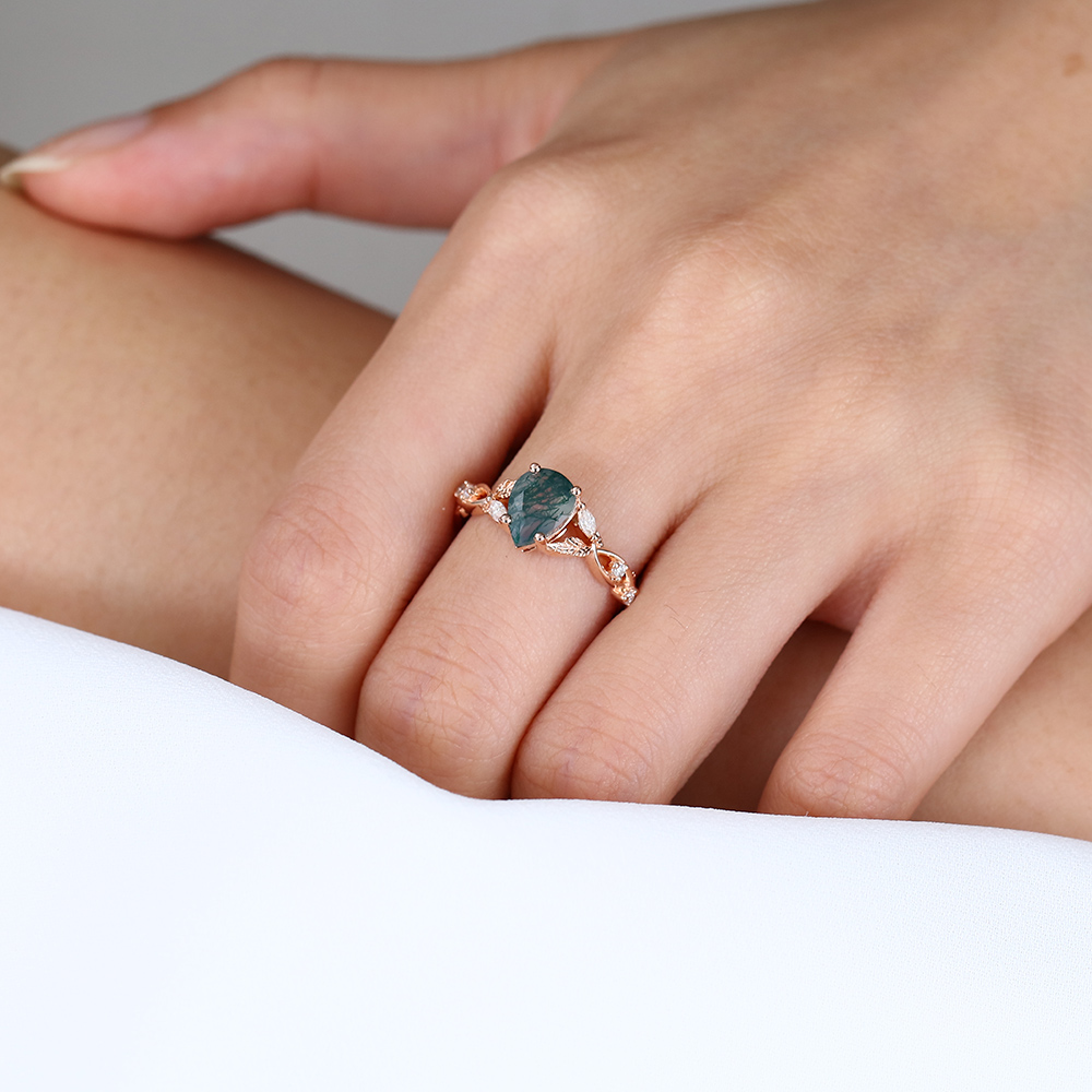 Engagement Moss Agate Pear Ring Rose Gold Ring Promise Ring