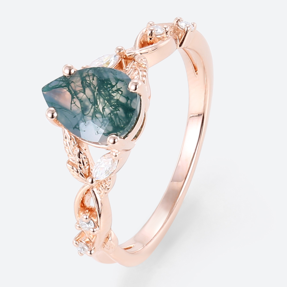 Engagement Moss Agate Pear Ring Rose Gold Ring Promise Ring