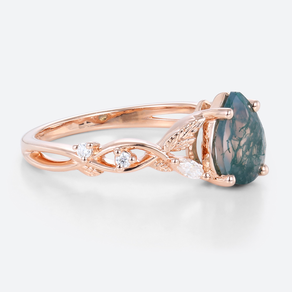 Engagement Moss Agate Pear Ring Rose Gold Ring Promise Ring