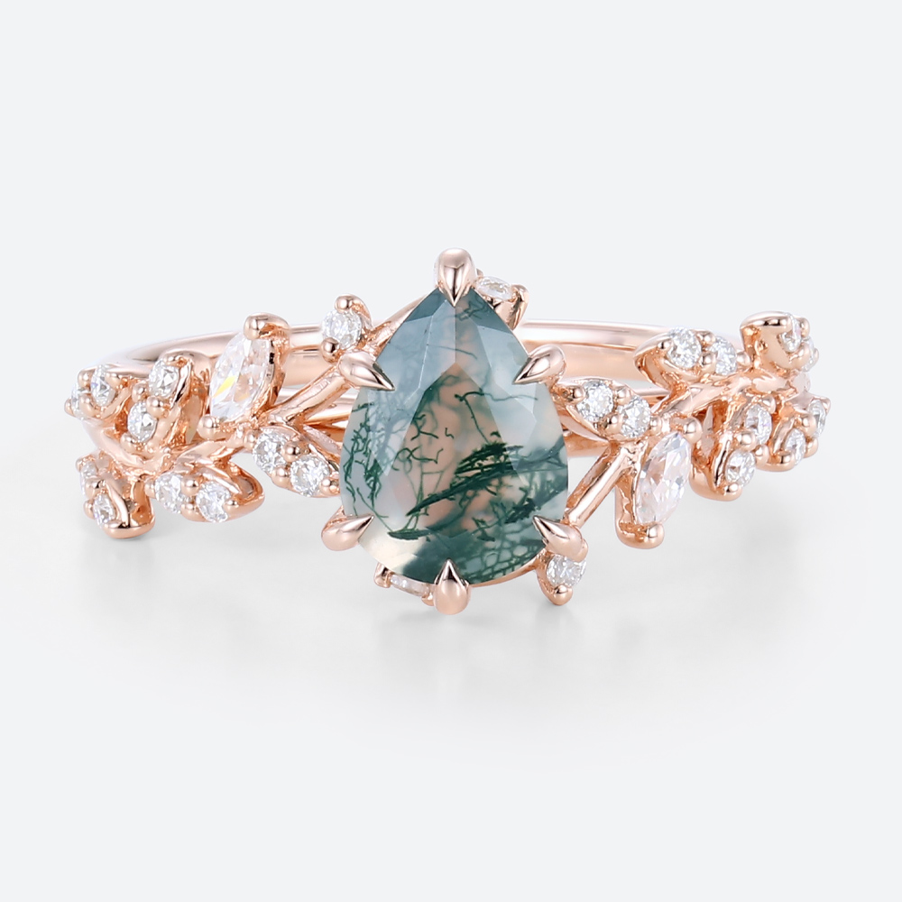 Wedding Bands for Pear Shaped Rings High Quality Moss Agate Nature Inspired Rings