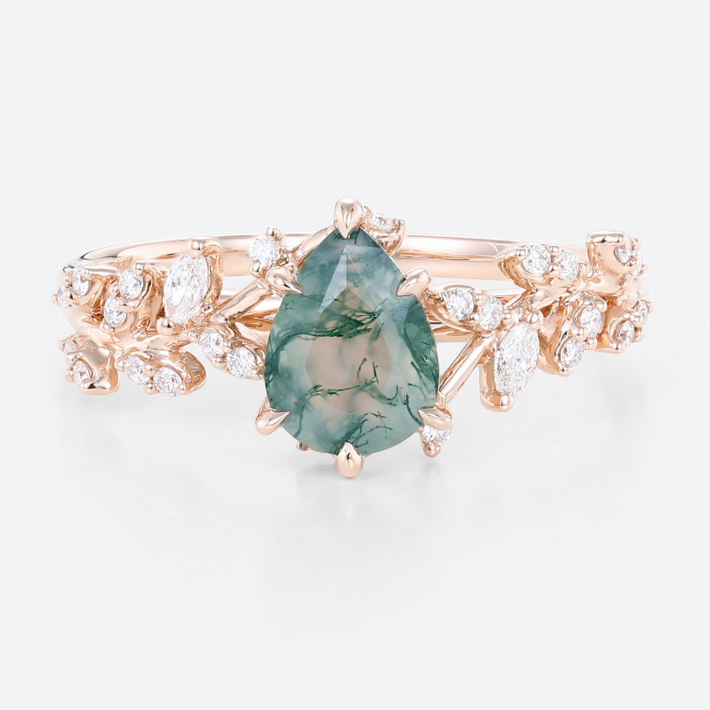 Pear Shaped Moss Agate Leaf Engagement Ring Mystical Garden Bridal Ring Promise Ring