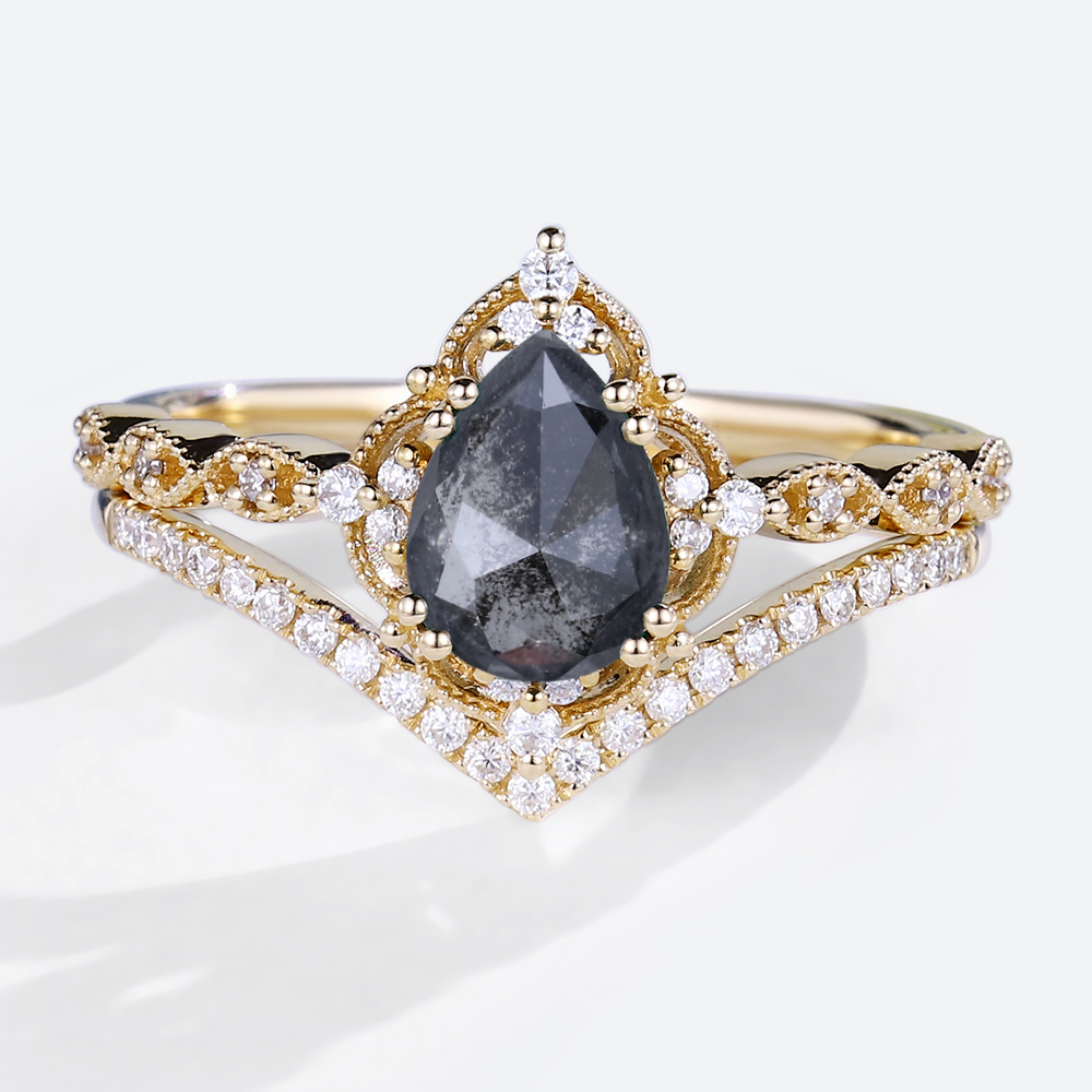 Salt & Pepper Diamond Rings Set Art Deco Engagement Ring