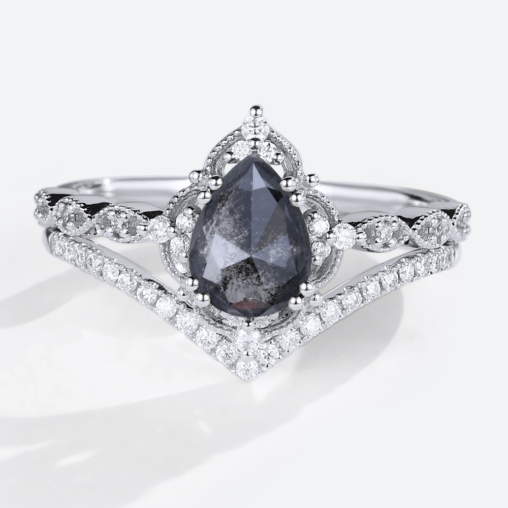 Salt & Pepper Diamond Rings Set Art Deco Engagement Ring