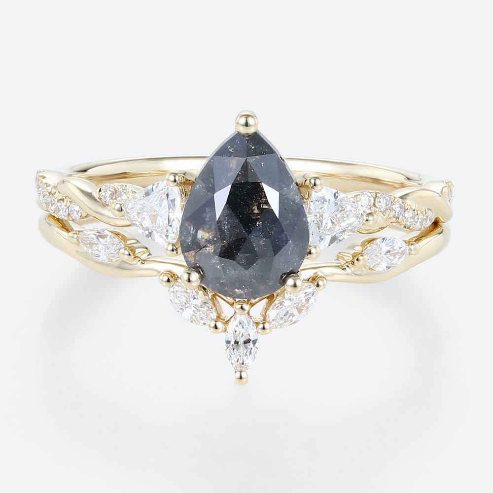 Pear Shaped Rings Dark Salt and Pepper Diamond Ring Couple Set