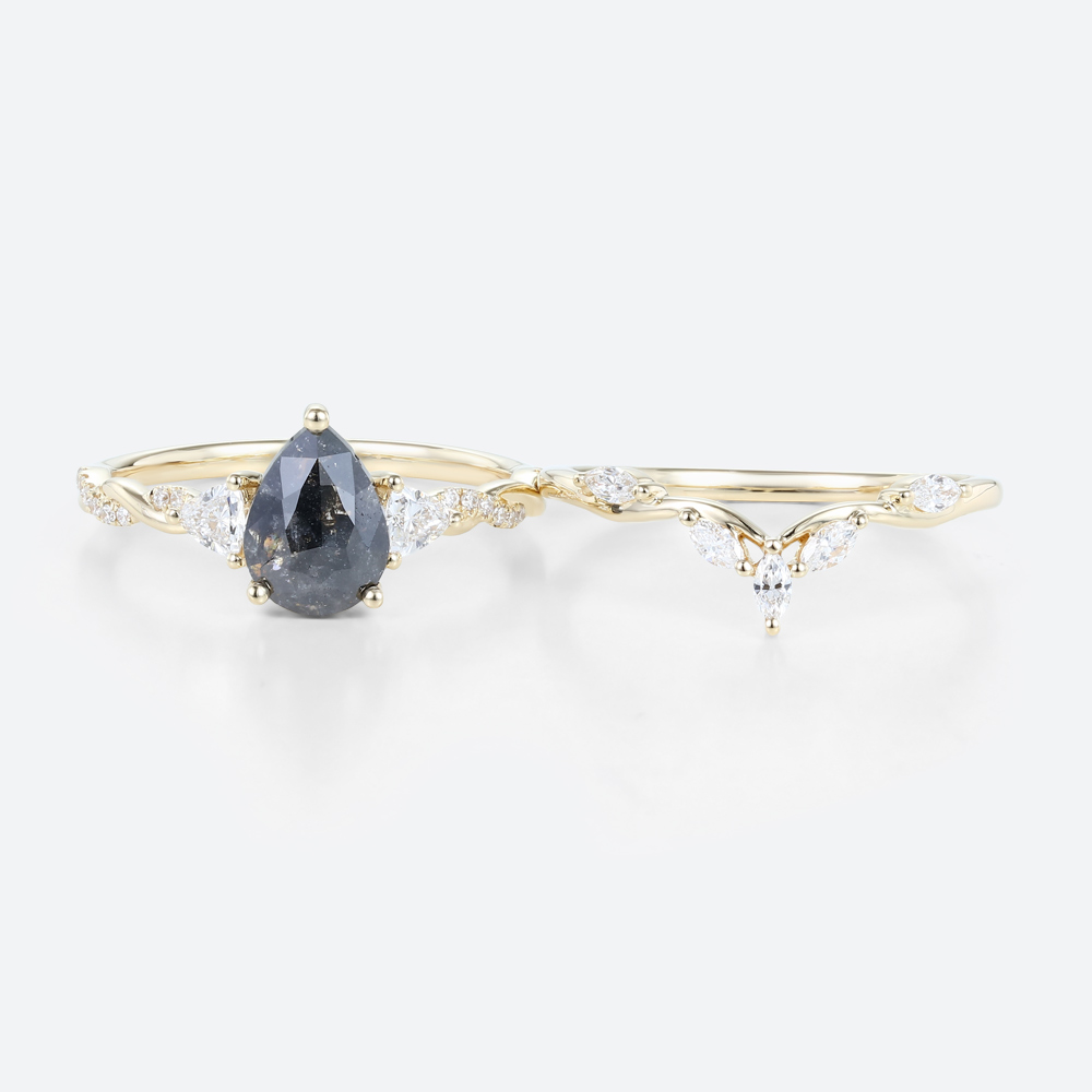Pear Shaped Rings Dark Salt and Pepper Diamond Ring Couple Set
