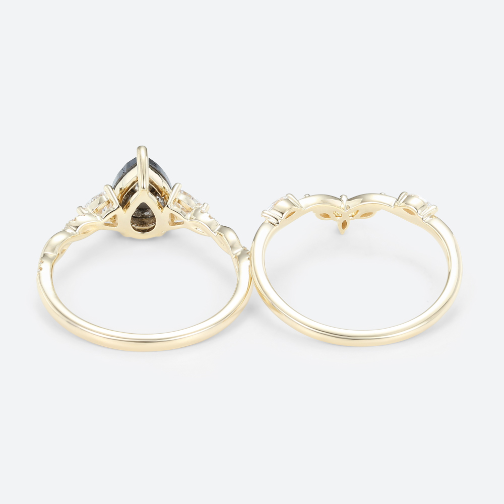 Pear Shaped Rings Dark Salt and Pepper Diamond Ring Couple Set