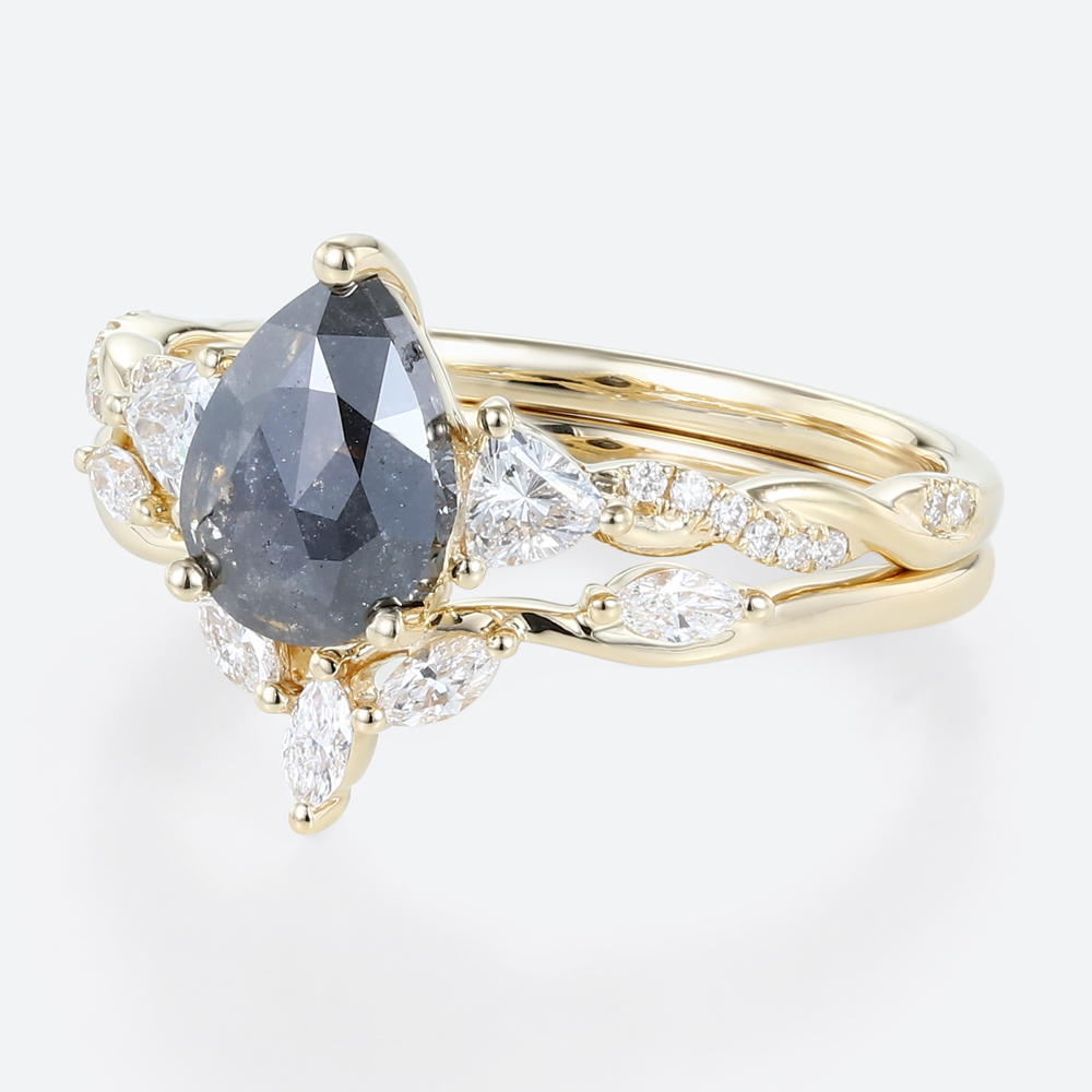 Pear Shaped Rings Dark Salt and Pepper Diamond Ring Couple Set