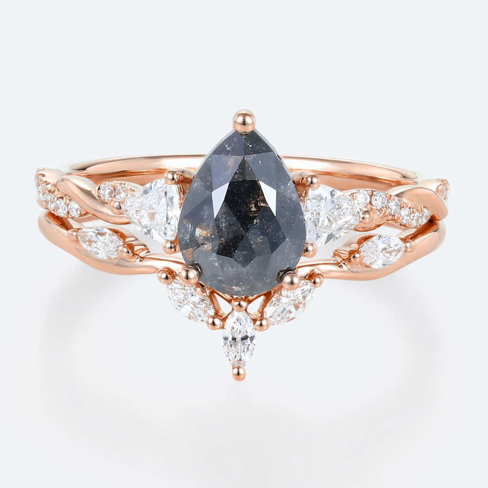 Pear Shaped Rings Dark Salt and Pepper Diamond Ring Couple Set