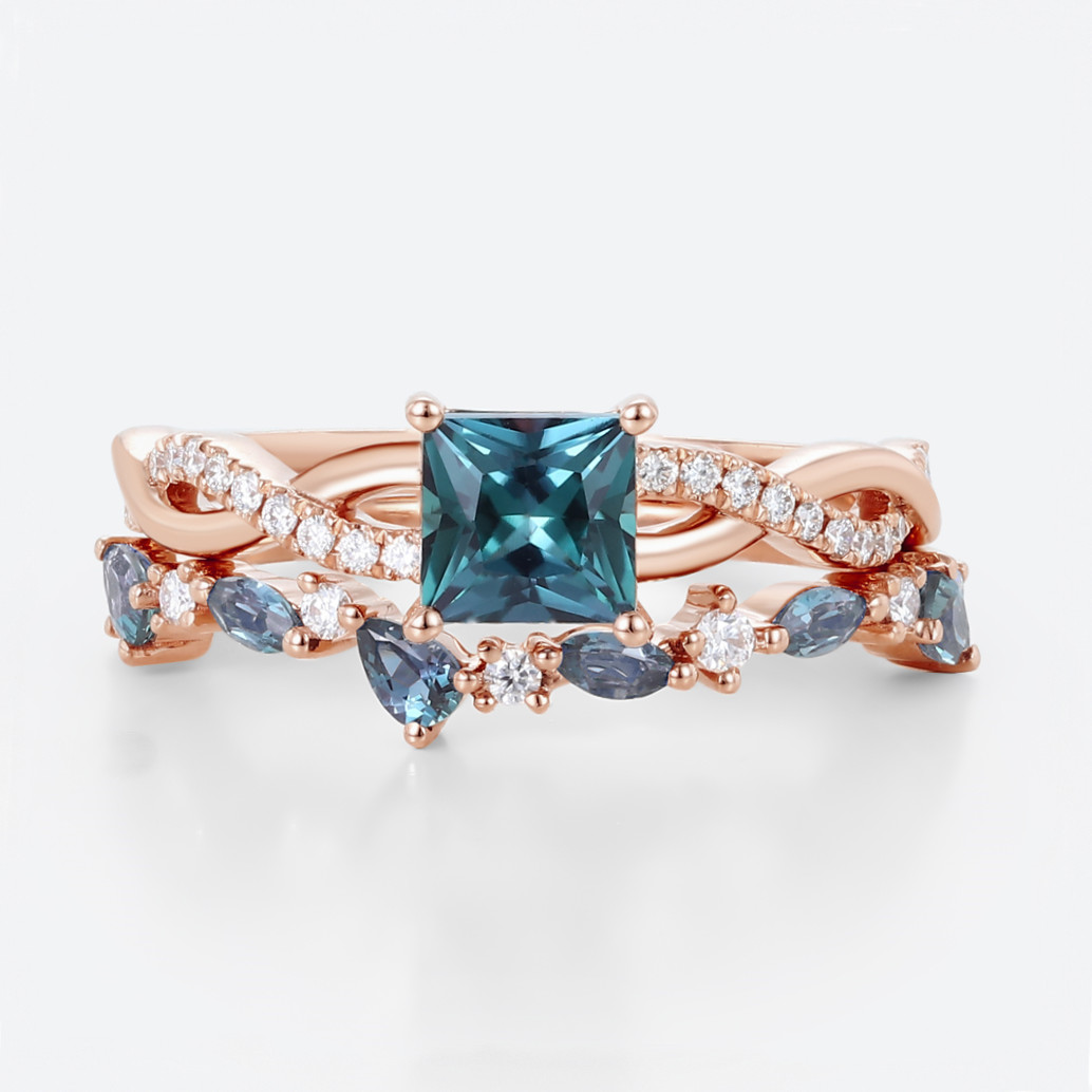 Princess Cut Alexandrite Rings Set 0.8ct Modern Infinity Bridal Ring with Alexandrite Band in Rose Gold